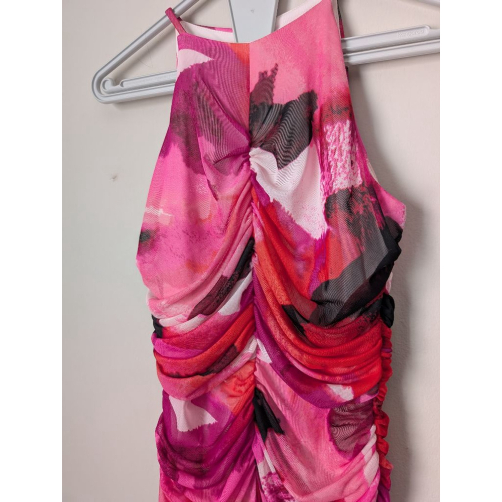 London Times Pink Black Abstract Ruched Halter Dress Size 4 - Picture 4 of 8